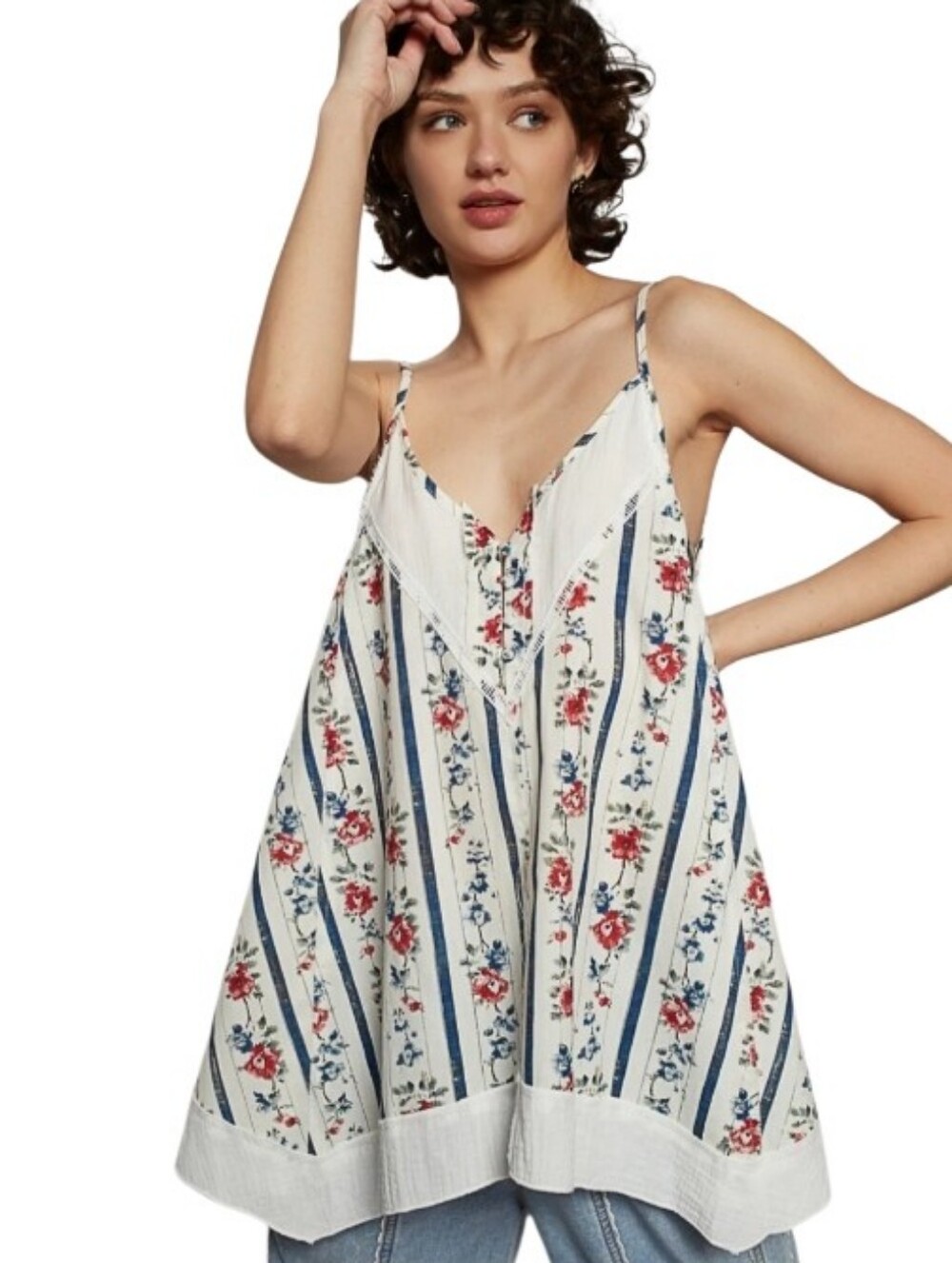 POL Ever After Floral Striped Oversized V-neck Sleeveless Top-NWOT